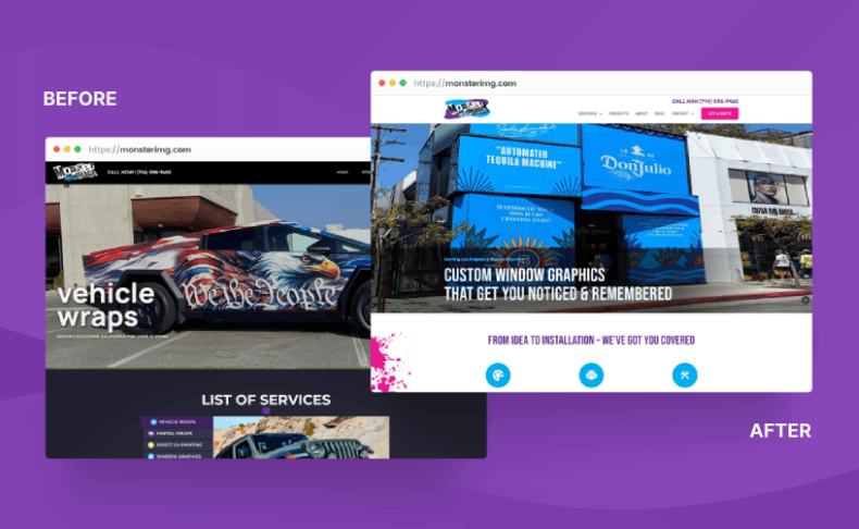 Before and after screenshots of a website redesign for a sign & graphics company