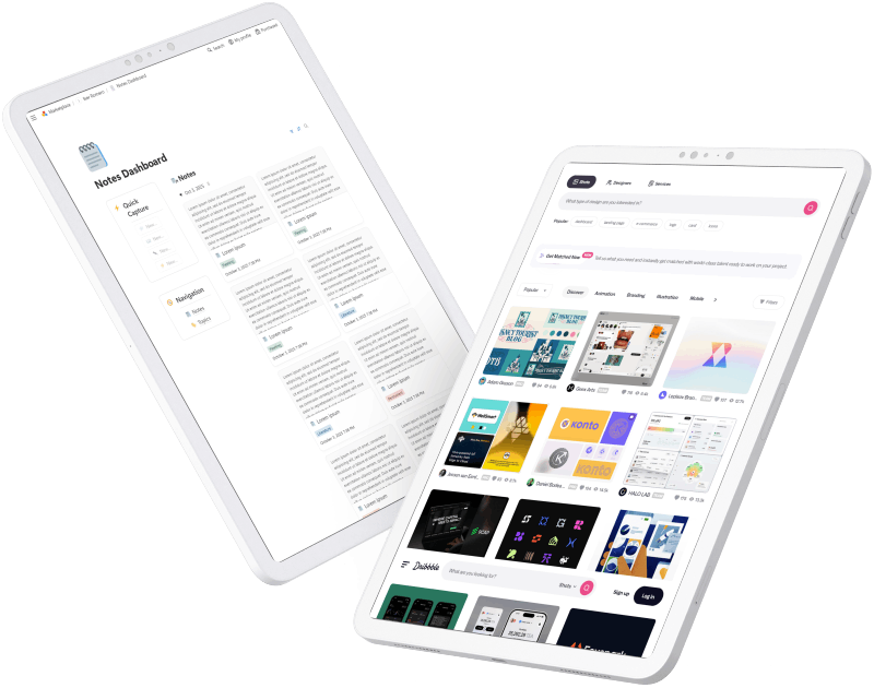 Two tablets showing a note dashboard and a grid of design elements