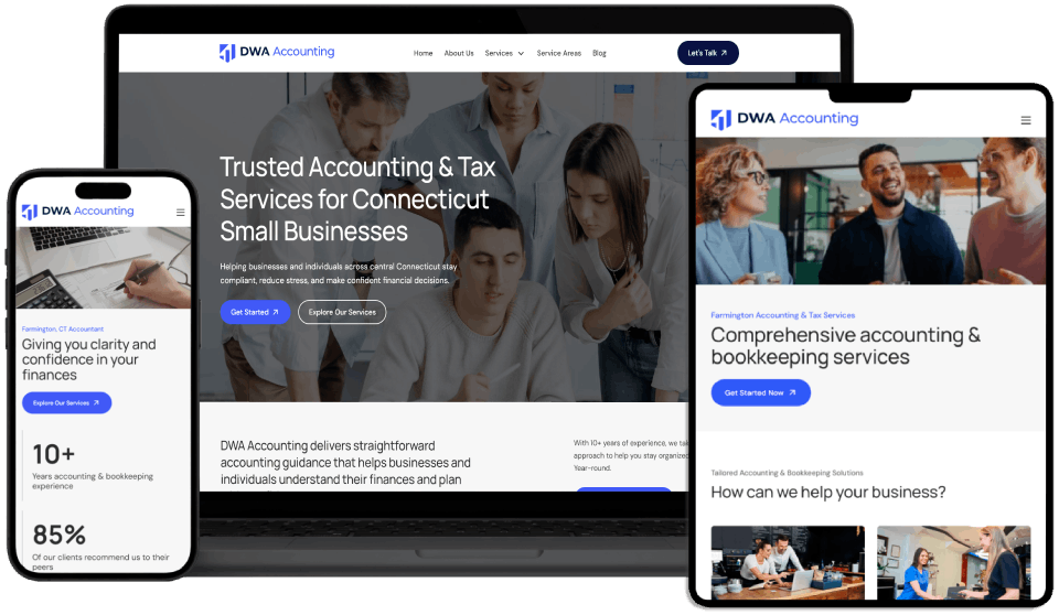Website screens on desktop, laptop, and phone