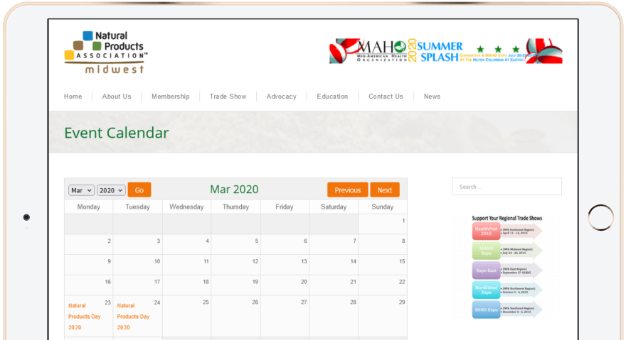 Tablet with calendar web page