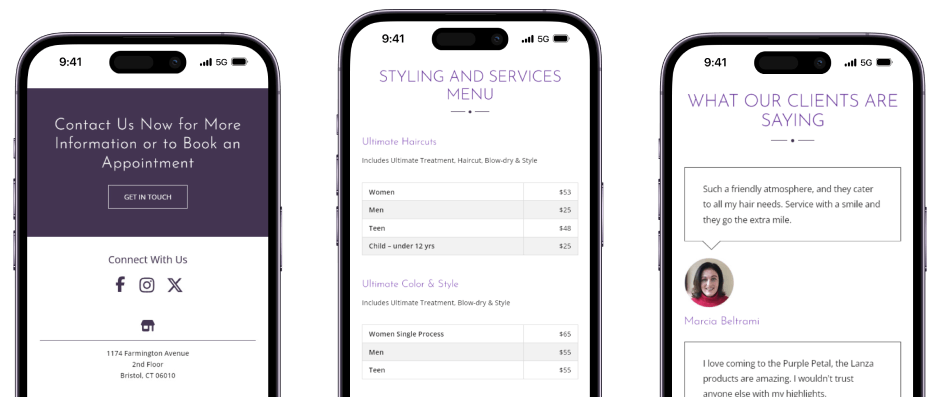Three mobile phone screens with website pages