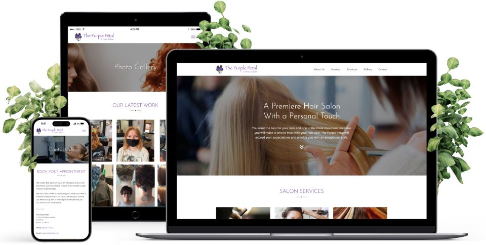 Website screens on desktop, laptop, and phone