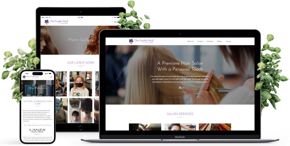 Website screens on desktop, laptop, and phone