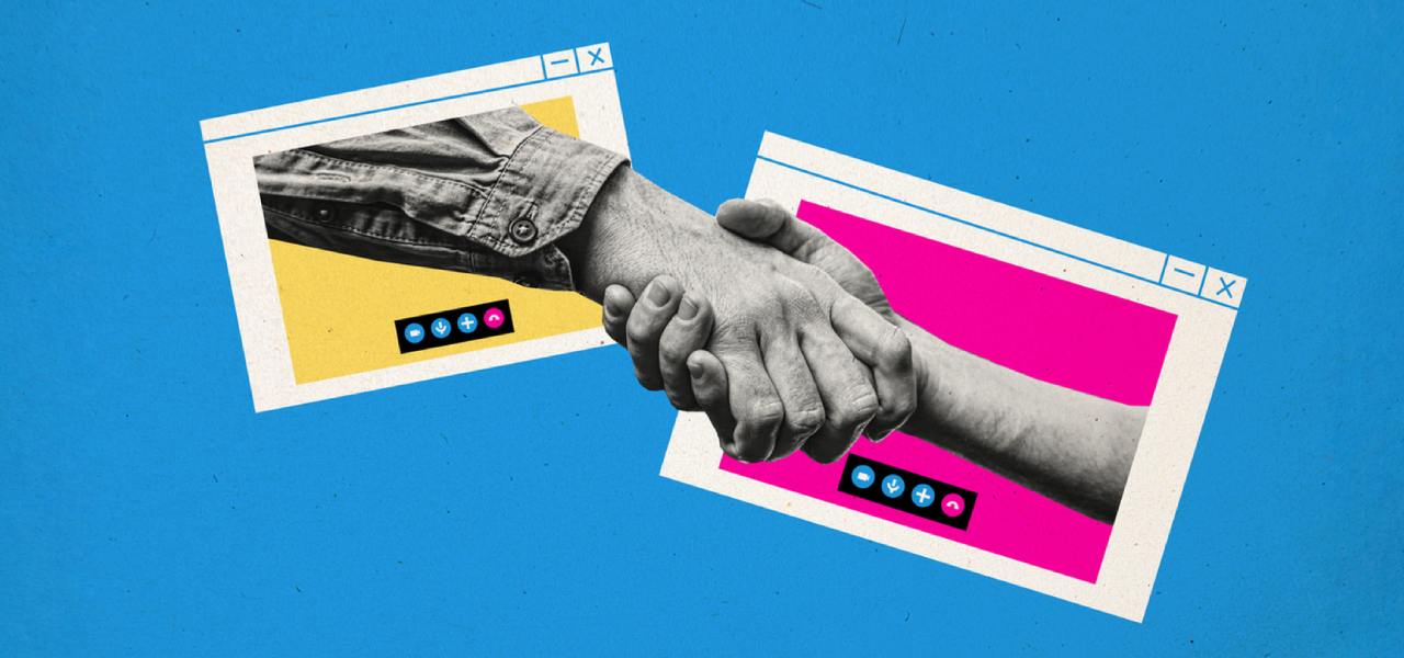 Two shaking hands coming our of web browsers