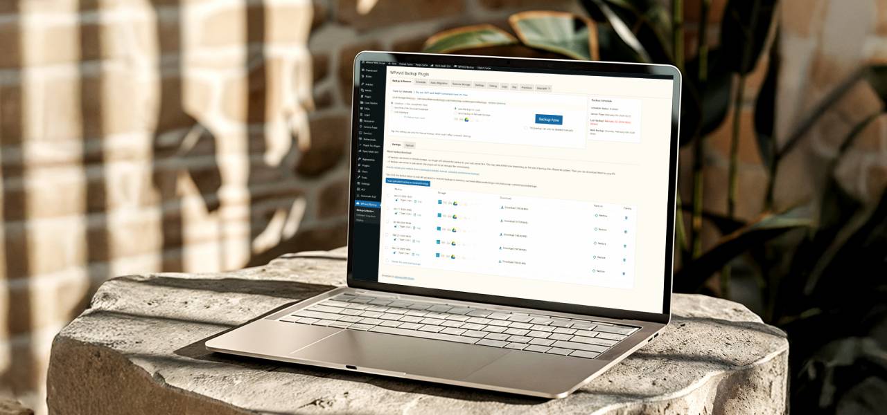 Laptop outside on a rock backing up a website
