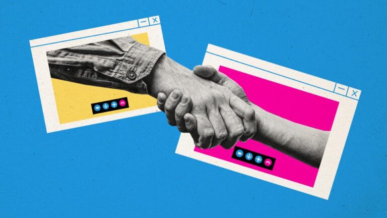 Two shaking hands coming our of web browsers